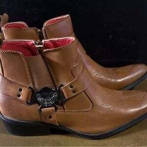 Alfa Brown Leather Ankle Western Biker Boots Men's Sz 8,5 Cross / Eagle Harness